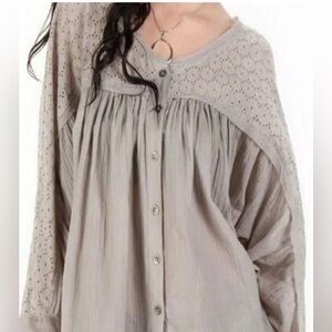Free People Taupe Cotton Gauze Eyelet Blouse Top Sz S Boho Casual Beach Festival
